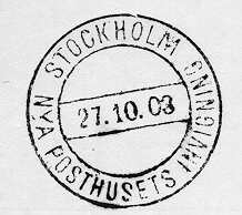 Datumstämpel, tillfällig, använd vid invigningen av
Centralposthuset på Vasagatan i Stockholm. Rund, med heldragen
ytterram.