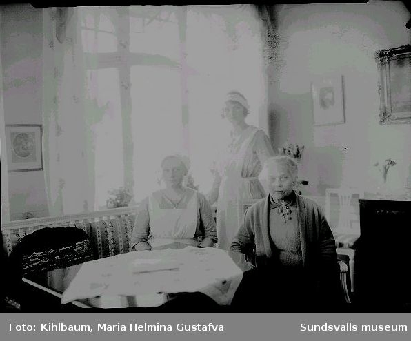 Porträtt. Kvinna med två hembiträden i rumsmiljö.