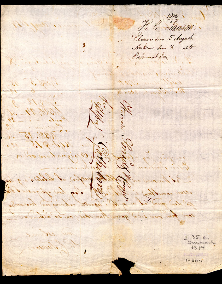 Fribrev från H C Jansson, Helsingör till Herrar Smidt Komp. Göteborg den 5 augusti 1814. Brevet ankom till Göteborg den 8 augusti. En påskrift: "fco Hlsbrg"  visar att brevet gått via Helsingborg.