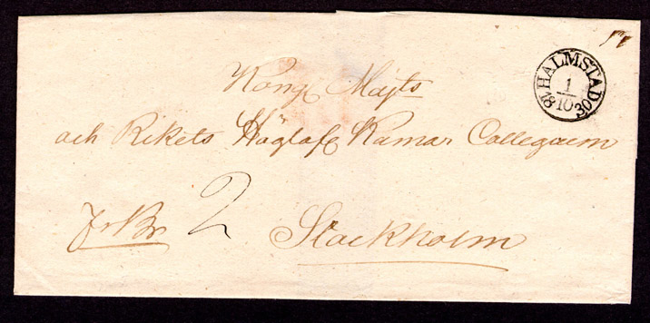 Omslag till förfilatelistiskt brev skickat från Halmstad den 1 oktober 1830 till Kammarkollegiet i Stockholm.

Etikett/posttjänst: Fribrev

Stämpeltyp: Bågstämpel  typ 1