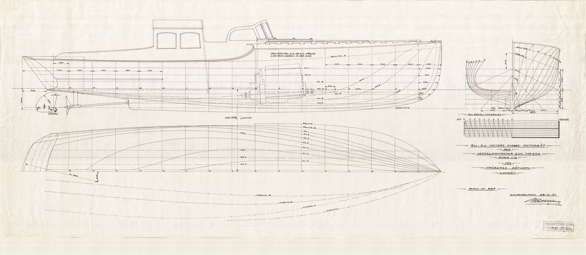 Snabbgående motorbåt.

Konstruktionsritning i plan och profil