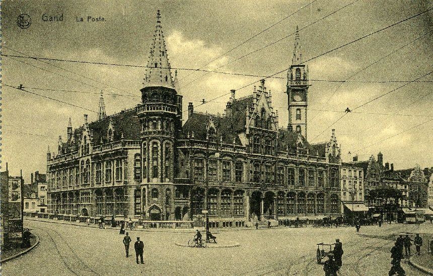 Vykort med motiv från Gent i Belgien och huvudpostkontoret, omkring 1916. 