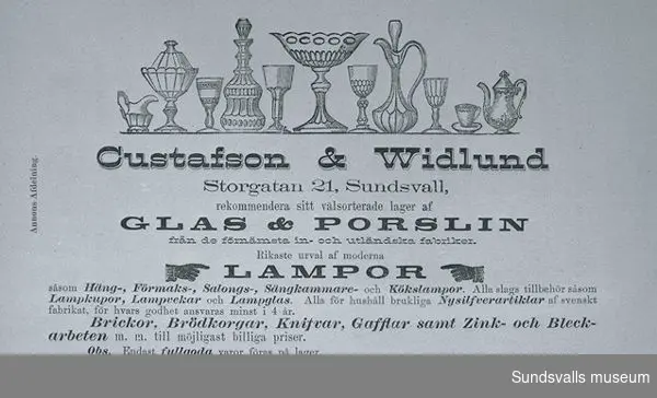 Annons för glas- och porslinsbutiken Gustafson & Widlund.