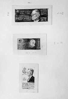 Frimärksförlagor till frimärket Gustaf VI Adolfs 80 år, utgivet 10/11 1962. Gustaf VI Adolf (1882 - 1973). Förslagsteckningar utförda av David Tägström. I Postmusei samlingar.