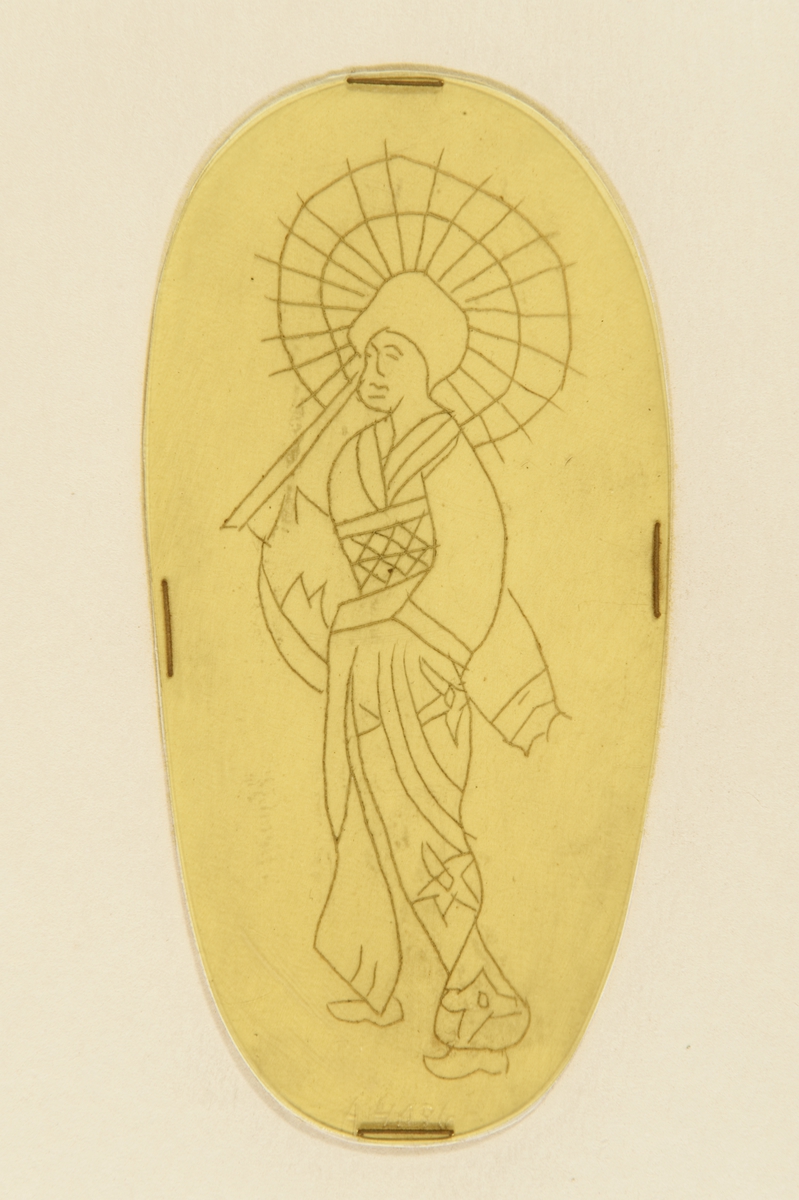 Tatueringsförlaga. En geisha med ett öppet parasoll över axeln.