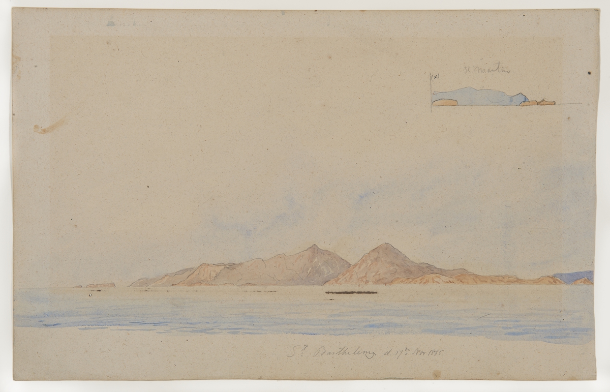 Akvarell: Kustparti av Ön S.t Barthelemy 17/11 1865.
 I övre högra hörnet, kustparti av ön S.t Martin.