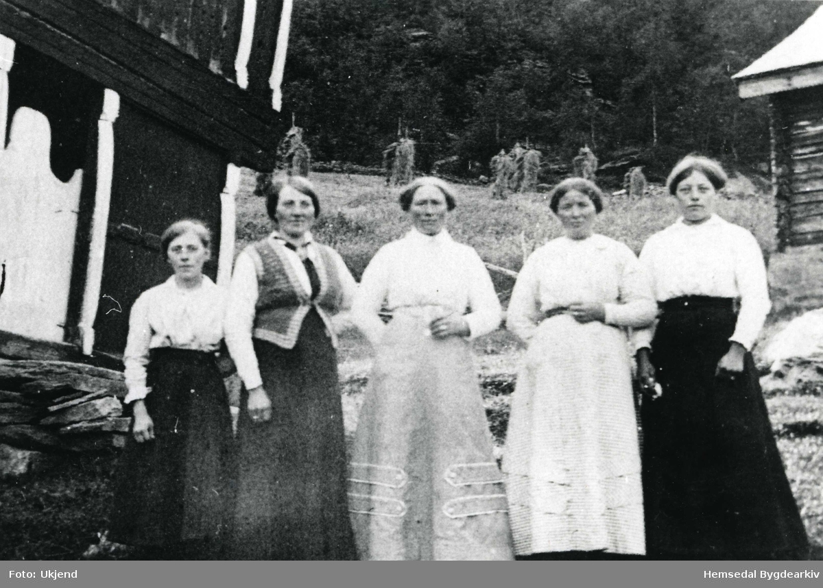 Unge jenter framfor loftet på Holde.
Frå venstre: Mari Dokk, fødd 1886, gift Bodding; Kari Fekene, søre; Ingebjørg Møllerplass, fødd 1878; Guri Holde; Karoline Holde.