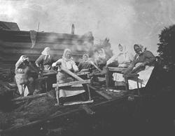 7 kvinner sitter utendørs og bearbeider lin med linbråker, i