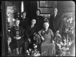 Ukjent familiegruppe i stueinteriør. Jubilant kvinne.