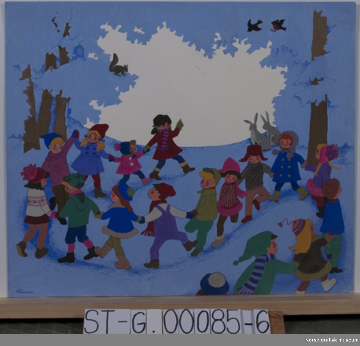 Originalt forarbeid til trykt adventskalender. Gouachemaleri av barn som danser rundt i et snølandskap. Hvitt felt som skal stanses ut.