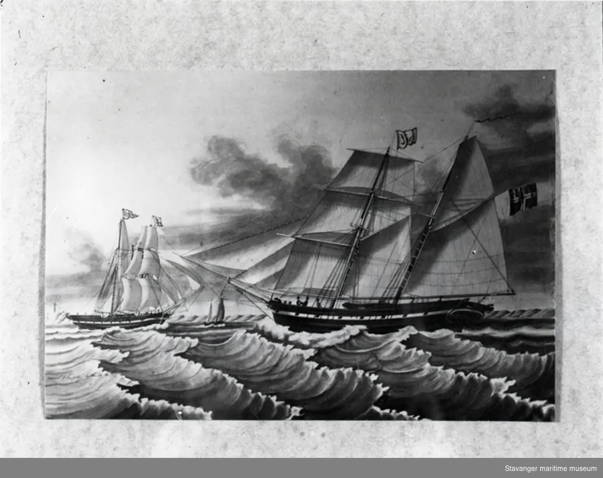Avfotografert gouache av skonnertbrigg "Tananger" malt av D.A: Teupken, Amsterdam 1845. Tananger var bygget i Stavanger 1834. Reder: G.J.Monsen. Forliste på reise fra Danzig til Grimsby 1854.