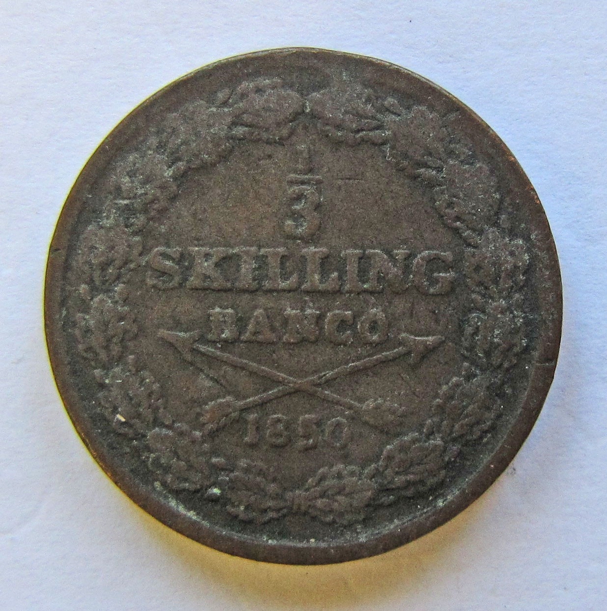 Oscar I, 1/3 skilling banco, kopparmynt. Präglat i Stockholm 1850.