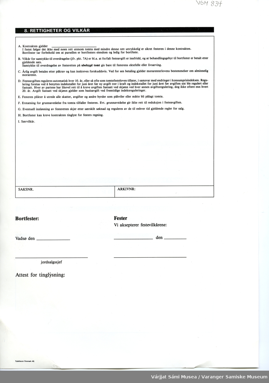 En festekontrakt (boligtomt o.l.) utstedt av Statskog Finnmark avd. Vadsø. Hvitt papir, A4 format, uutfylt, tekst på begge sider.
