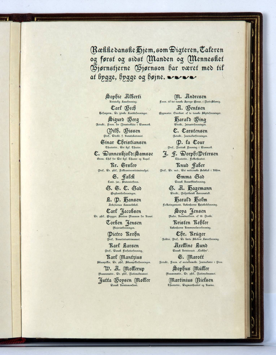 Adresse innbundet i brunt skinn med preget dekor i olivengrønt og rødt. Rød tvinnet snor i ryggen med dusker. På innsiden grønn silke med gullborder og broderte blomster.