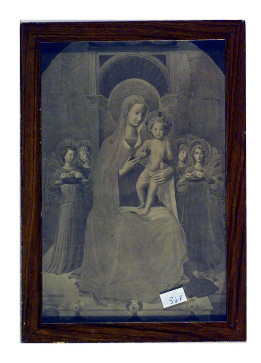 Bildet viser Jomfru Maria med Jesusbarnet på fanget. Hun er omgitt av engler.