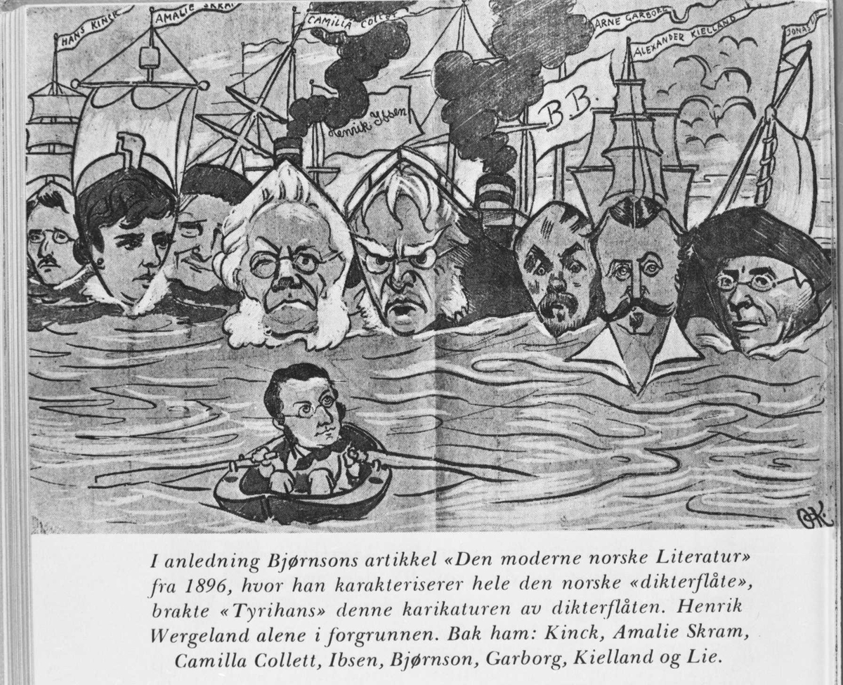 Karikatur, dikterflåte, Tyrihans, Wergeland, Kinck, Skram, Collett, Ibsen, Bjørnson, Garborg, Kielland, Lie