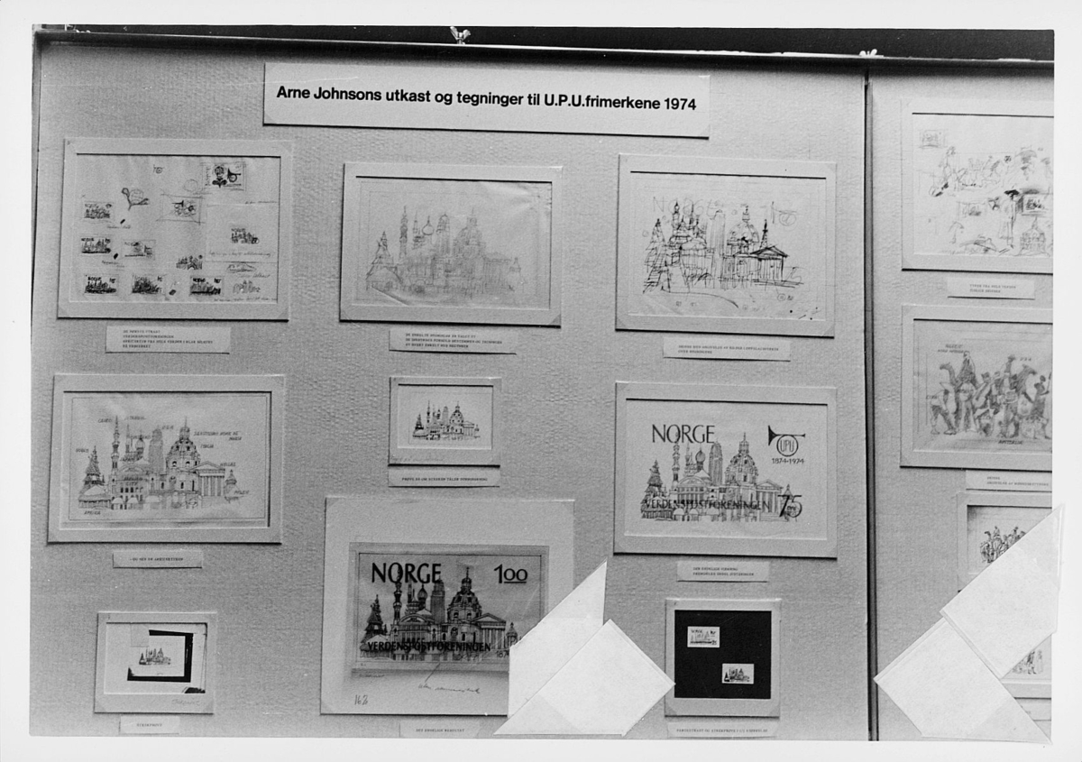 markedsseksjonen, verdenspostforeningen 100 år, Arne Johnson, utkast og tegninger, U.P.U.frimerker