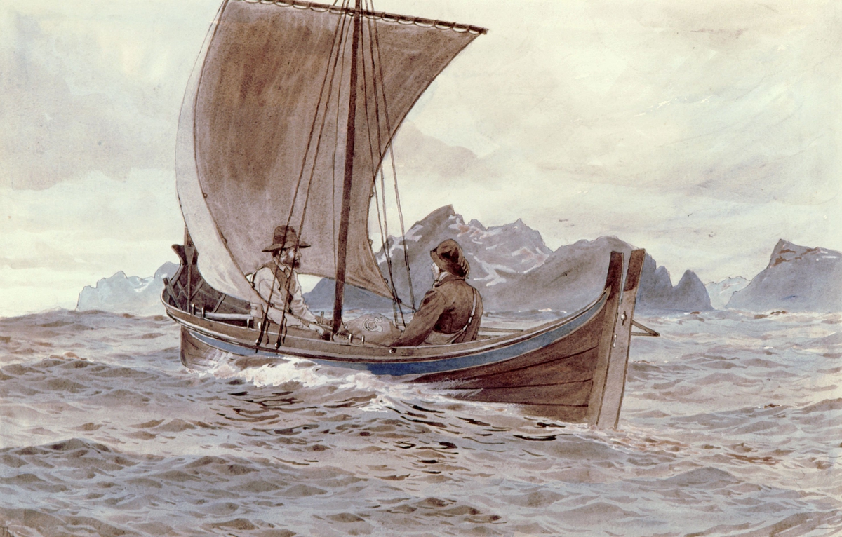 postmuseet, kunst, akvarell, Th. Holmboe, postførsel, postfører i båt, 2 menn i nordlandsbåt med seil, postsekk, motivet finnes også på CD-rom PRO1, bilde nr 67