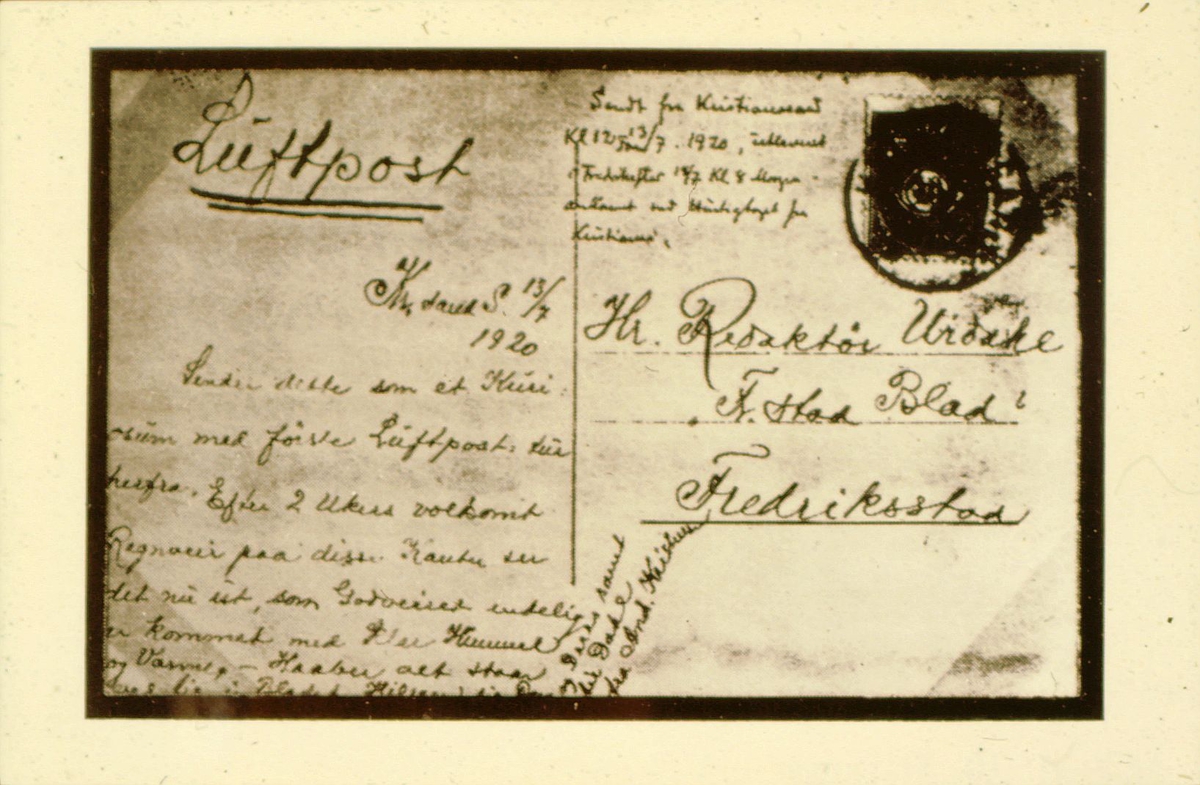 luftpost, luftpostruter, Horten-Kristiania-Horten-Arendal-Kristiansand og retur, sendt 13.7.1920, postkort med Luftpost, håndskrevet