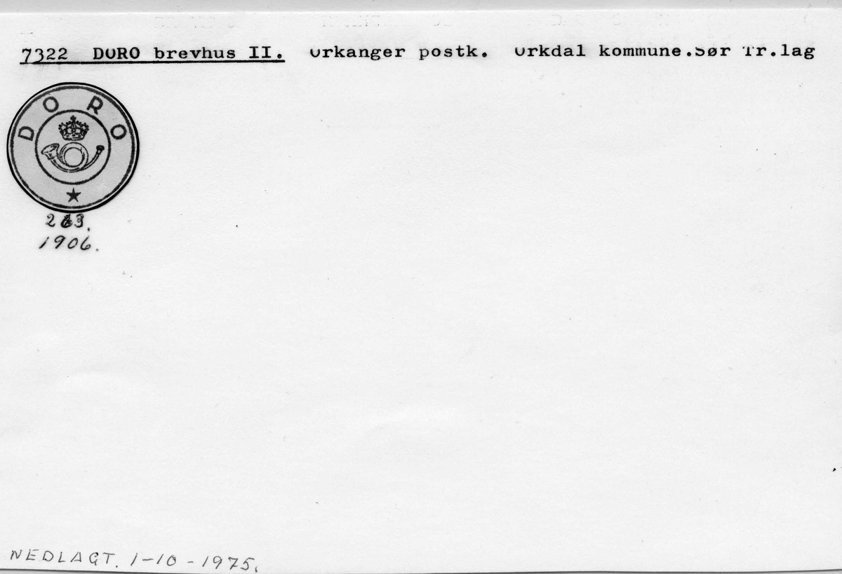 Stempelkatalog, 7322 Doro, Orkanger, Orkdal, Sør-Trøndelag