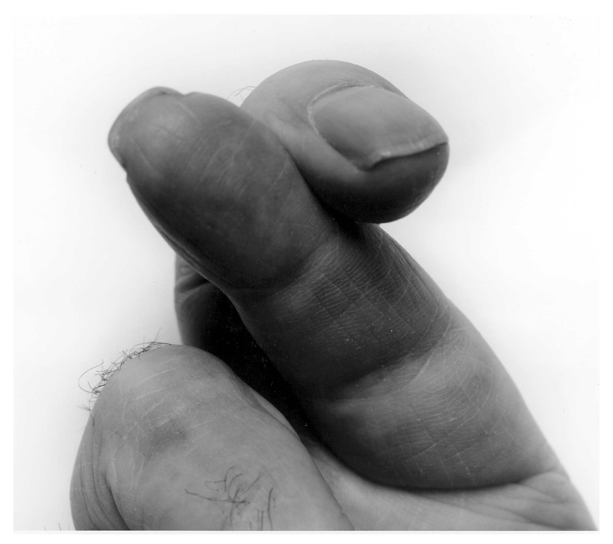 Gjennomgangsmotivet i Crossed fingers er en finger som står rett opp, som krysses eller filtrer seg i andre fingre. Med sin mørke fremtoning i kontrast til den lyse bakgrunnen, er disse oppstillingene nærmest som organiske skulpturer. Gesten hvor langefingeren vekselvis står i ensom majestet, eller er sammenfiltret med pekefingeren, har noe intenst anstrengt og nesten provoserende over seg med sin assosiasjon til det å "vise noen fingeren". Et annet moment er den nærgående og litt ubehagelige realismen som viser skitt under neglene, rynker og andre tegn på alderdom og levd liv.