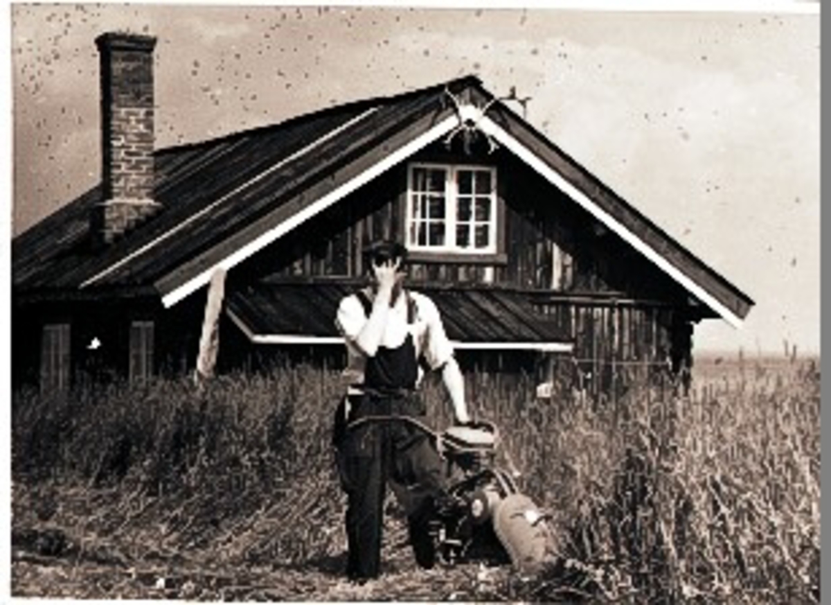 Svein Olavson Løstegård i grasslåtten. Hytte, motorslåmaskin, overall og skjorte.