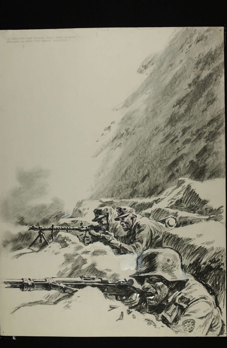 Tyske bergjegere i kamp. 16 bergjegere under Feldwebel Smolle oppholder de norske bataljonene som rykker frem gjennom Gressdalen. Side 233, bind 2.