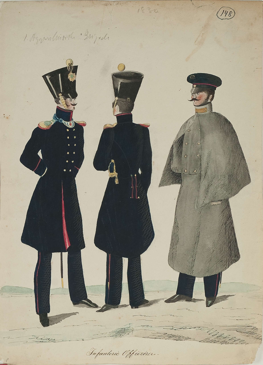 Infanterioffiserer 1830. Tekst: Infanterie Officerer. 1. Aggershusiske Brigade.