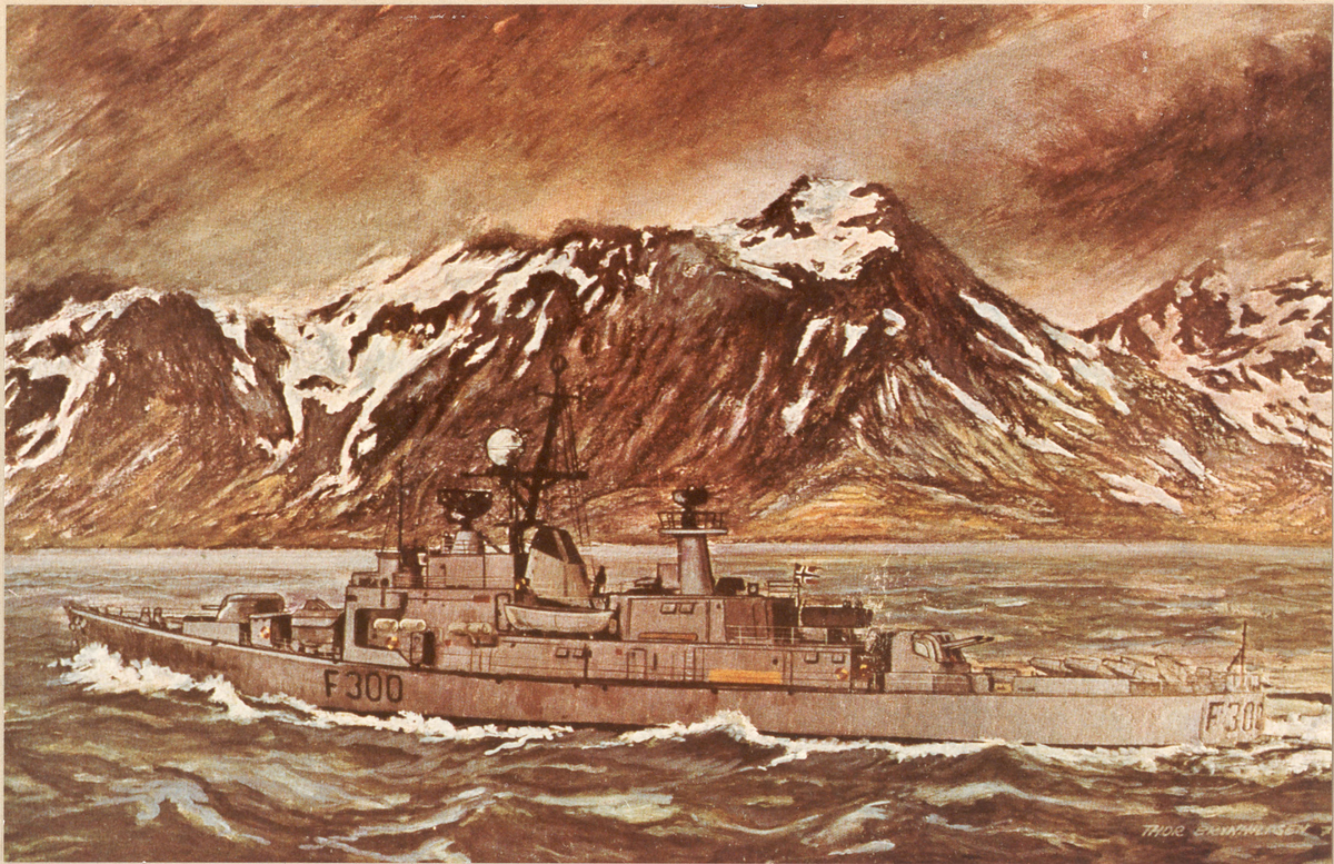 Fregatten KNM Oslo, foto av maleri i nordnorsk farvann
