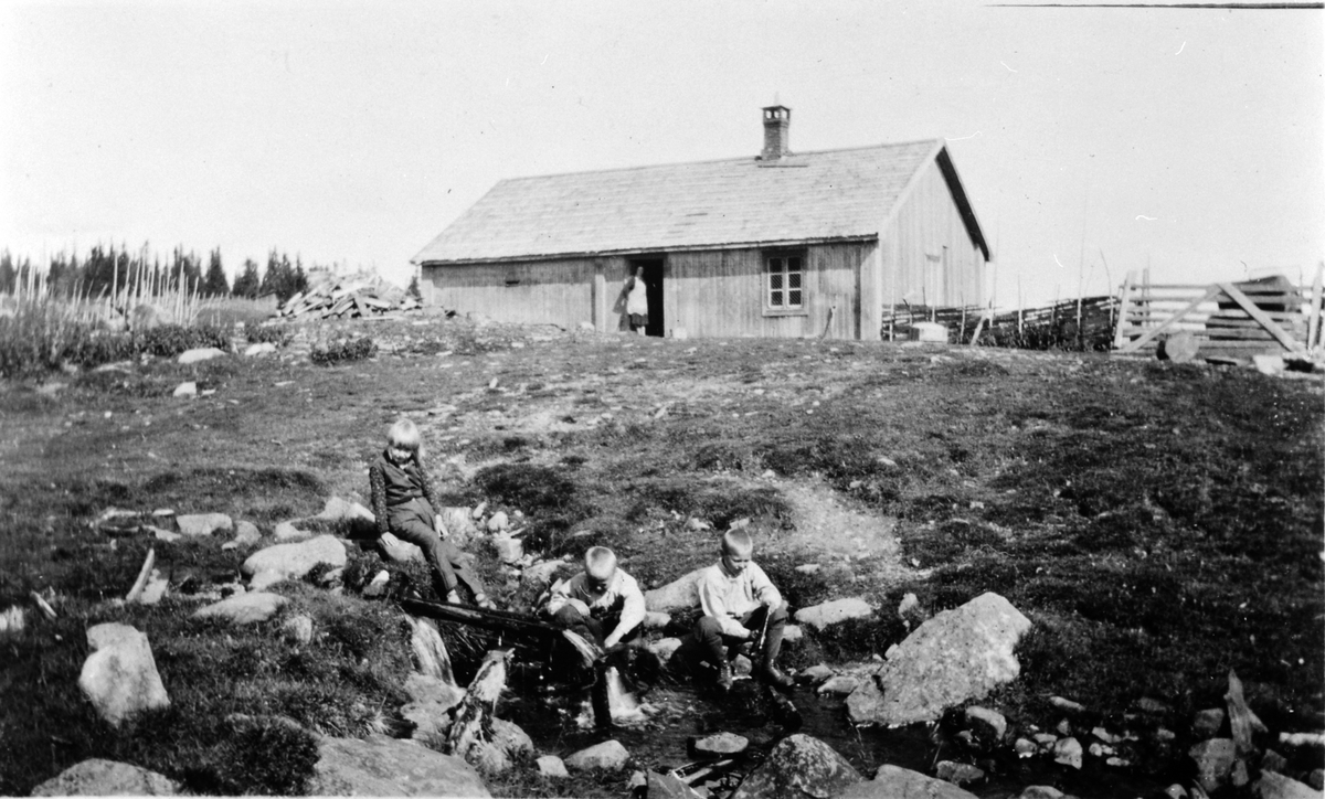 Røhr gård sin seter på Moste. 3 barn leker i bekken i forgrunnen. Dame i døråpning på størhuset. Ca. 1930.