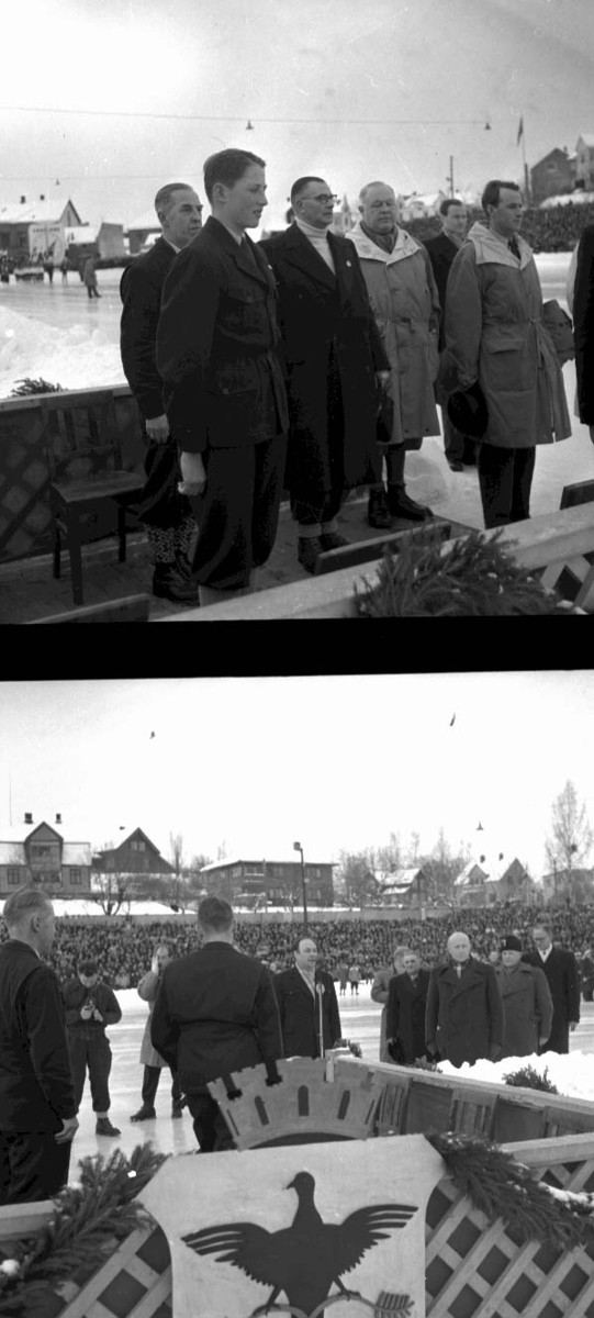 Hamar stadion, prins Harald på ærestribunen ved europamesterskapet på skøyter 1953,