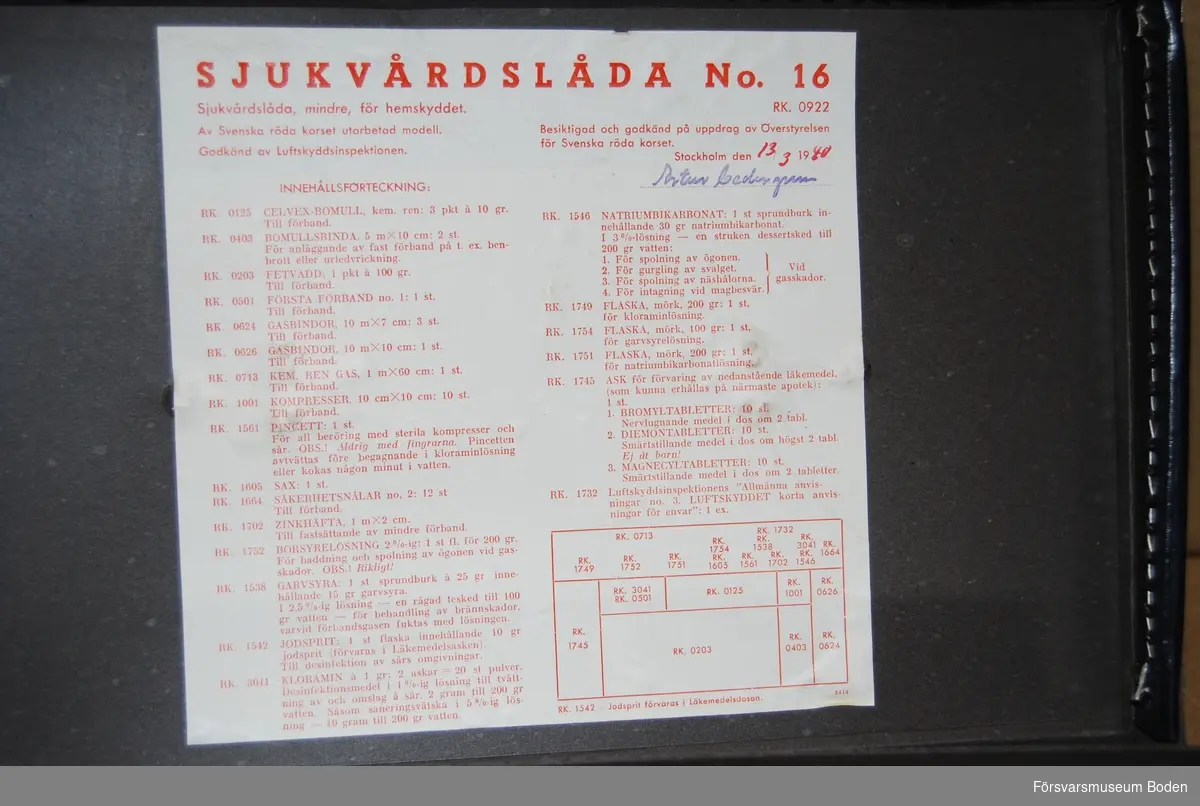 Låda av Unica-papp för förbandsartiklar och läkemedel. Inga läkemedel medföljer. Innehåller också Luftskyddsinspektionens skrift om luftskydd. Innehållslistan på lockets insida är daterad 13/3 1940.