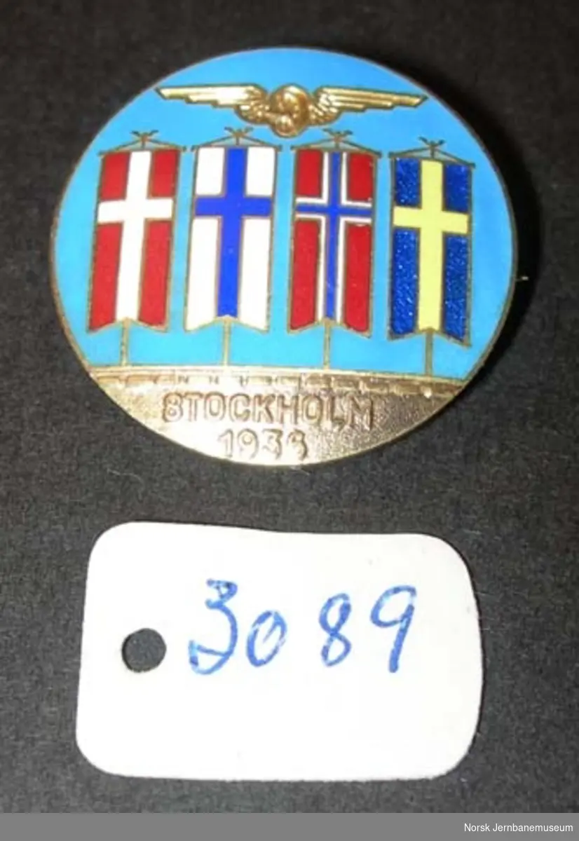 Møtemerke : deltakermerke for Järnvägsmannasälskapets kongress i Stockholm 1958