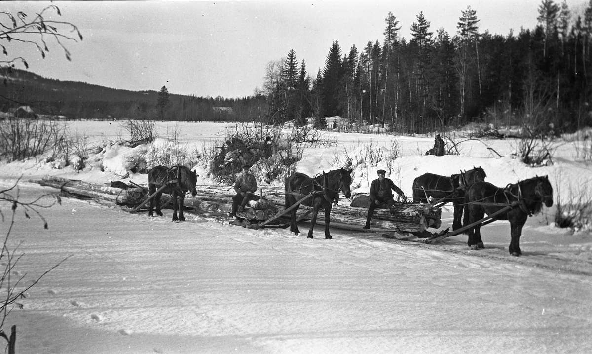 Tømmerkjøring med hest på vinterføre, trolig på Lenaelva på Krabyskogen. Personen til venstre er Nils Gunnerød på gården Krabysanden, den andre er Ole Natanael Gunnerød (1883-1964).