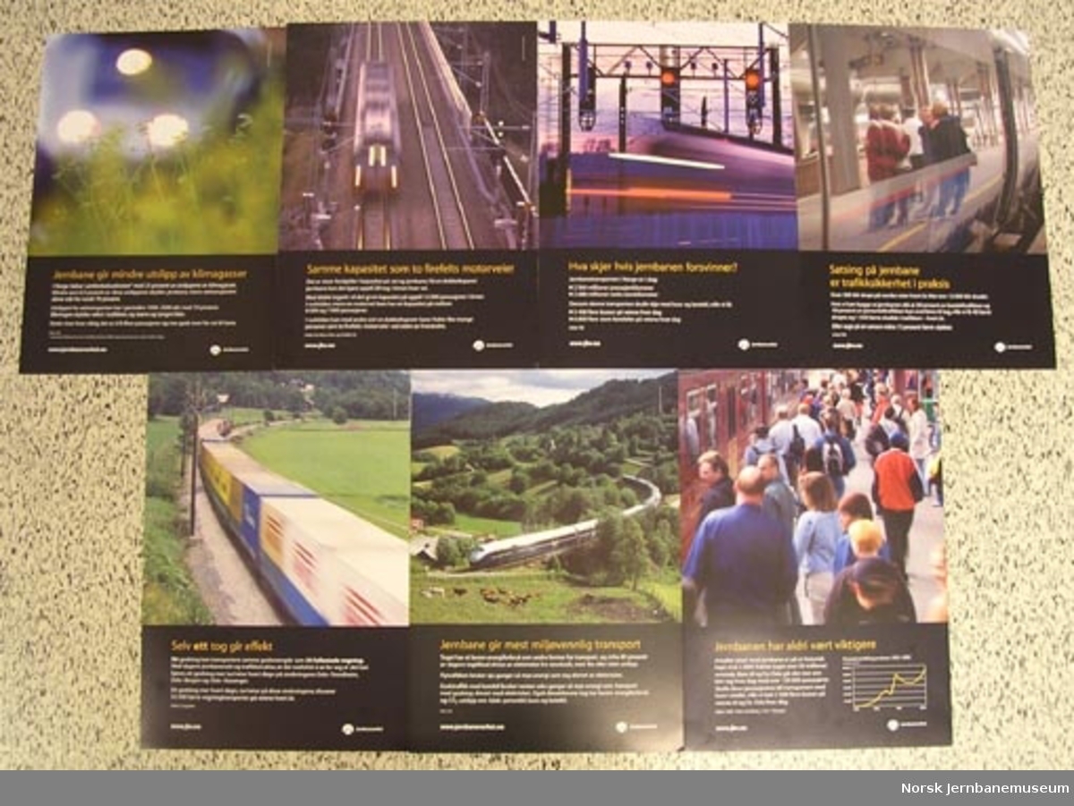 Plakater fra Jernbaneverket med faktainformasjon om jernbanen