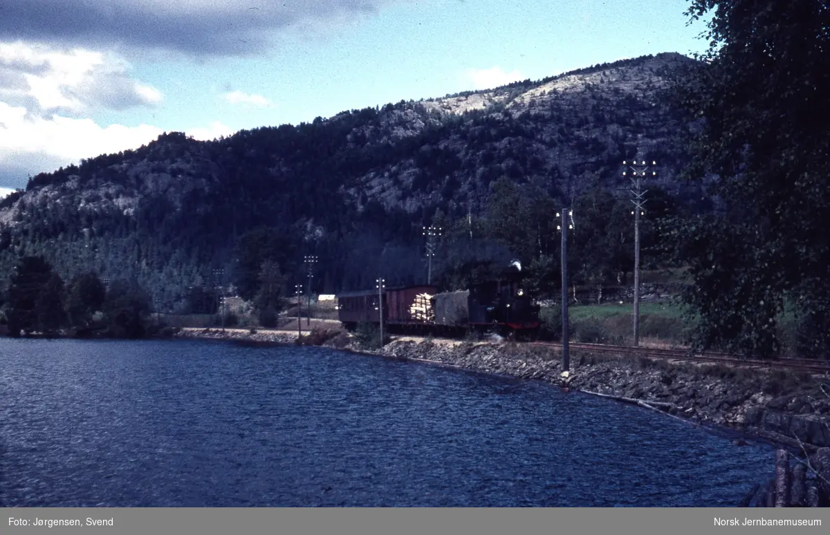 Godstog 5662, trukket av damplokomotiv nr. 5, ved Vassenden sør for Byglandsfjord