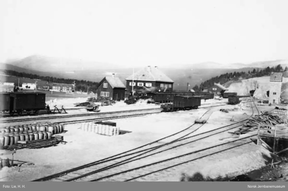 Dombås stasjon med persontog i spor 1, fotografert fra sørøstsiden av stasjonstomten