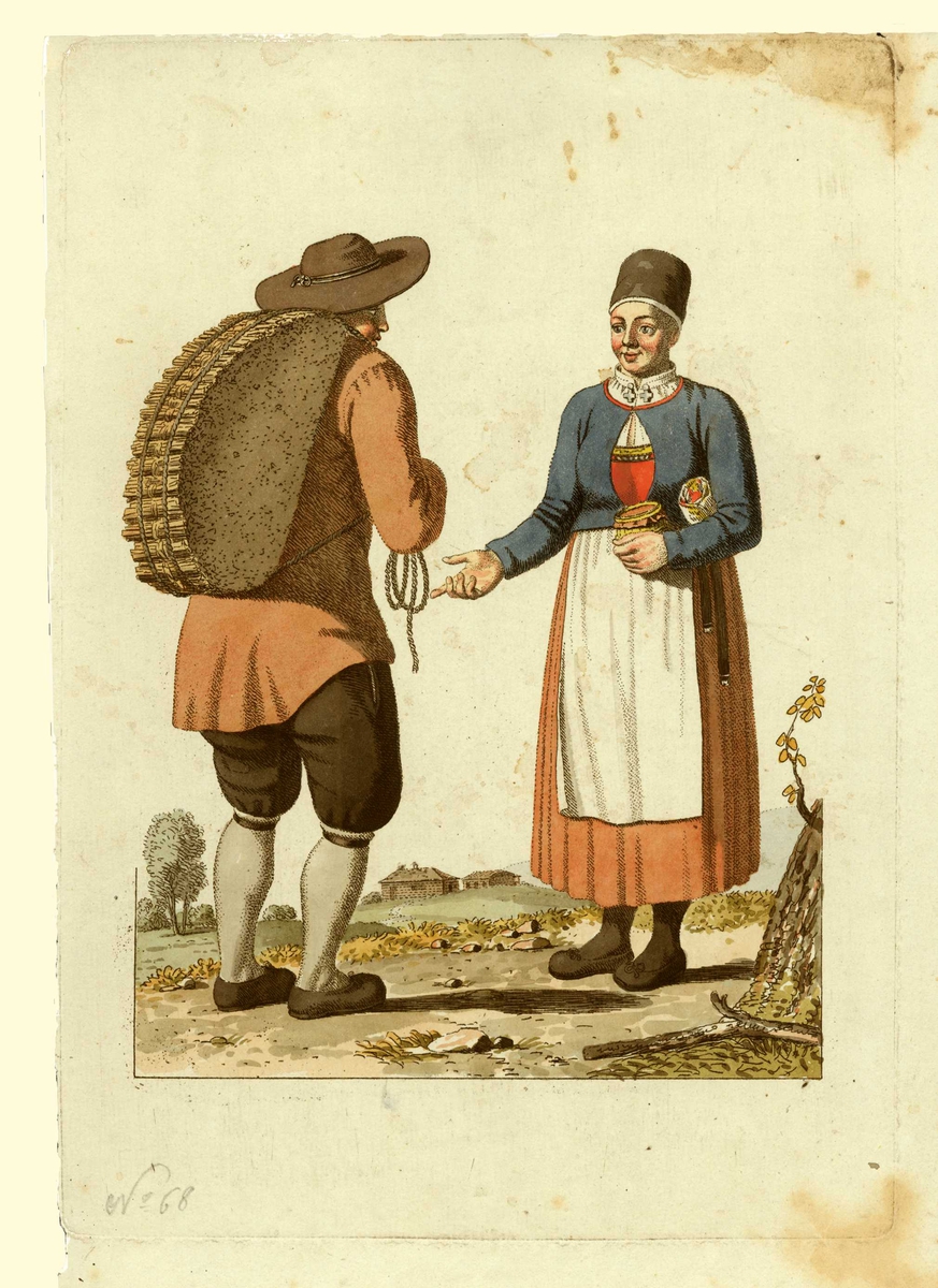 Mann og kone i folkedrakter fra Lindås, Hordaland, han bærer trevirke på ryggen, hun med attributter i, antatt lagget kar og tekstiler.