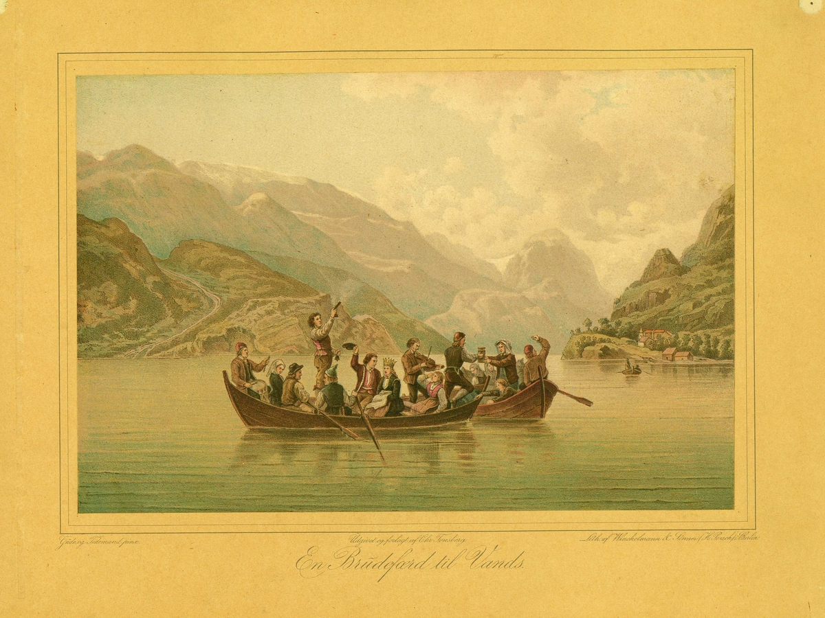 Litografi etter maleri av Gude og Tidemand. " En Brudeferd til Vands." Mennesker i båter på en fjord.