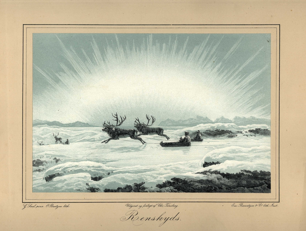 Litografi etter maleri av G. Saal "Renskyds." Vinterlandskap med samer ipulk, trukket av reinsdyr.