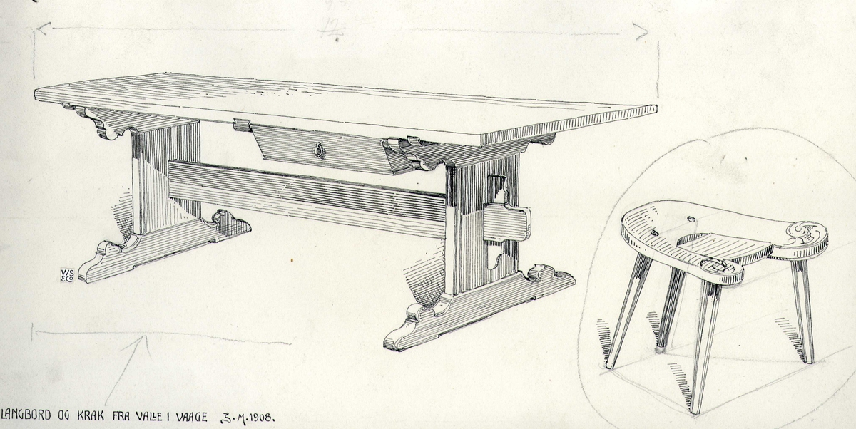 Johan J. Meyers tegning (1908) av langbord og krakk, Valle, Vågå, Oppland.
