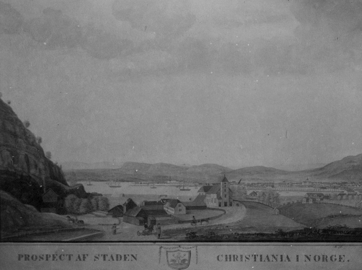 Oslo, 1940-årene. Gouasche av M.F. Dalager (1769-1840) med utsikt over byen og fjorden fra Ekeberg. "Den Kulturhistoriske Udstilling i Kristiania 1901" på NF.