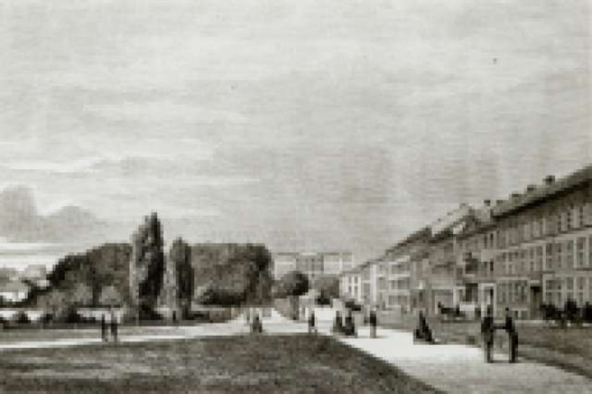 Foto av trykk fra Karl Johans gate, Oslo, Christiania. Fra Nordiske Billeder bind 4, 1870.