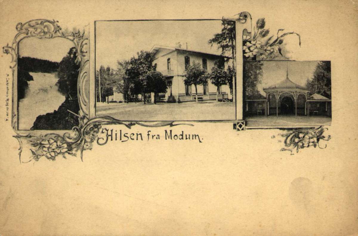Postkort. En foss, et hus og en paviljong, Modum. Påskrevt bak på postkortet "Brukt i 1890 åra".
