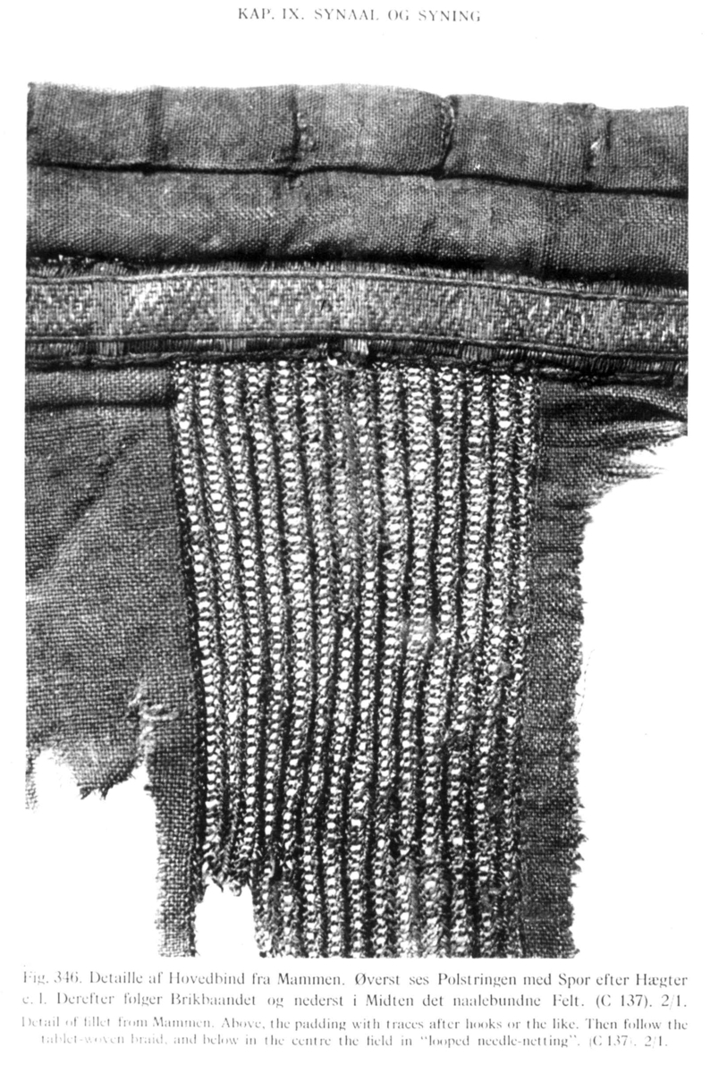 Detalj av nålebinding fra 900-tallet, Mammen, Danmark. Reproduksjon fra Hald: Olderdanske tekstiler, Københhavn 1950.