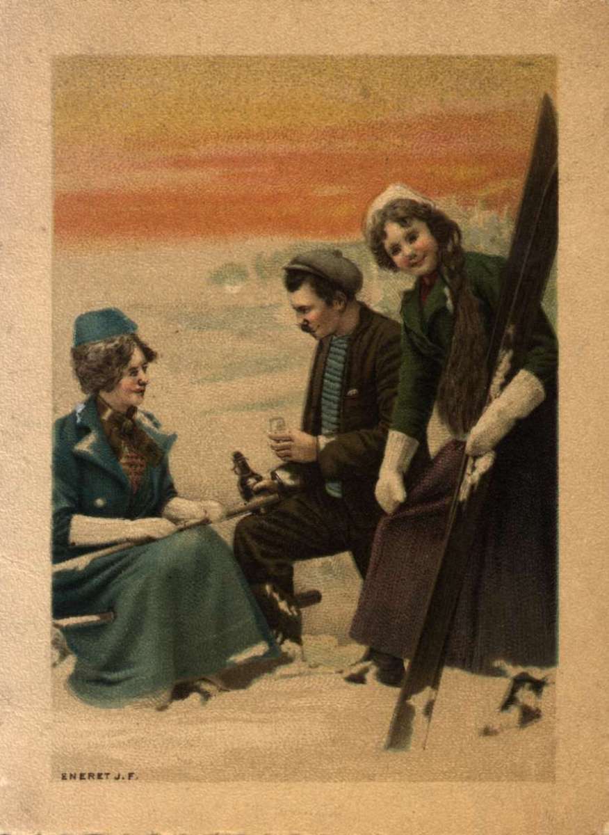 Postkort. Jule- og nyttårskort. Vintermotiv. To kvinner, den ene med ski, og en mann raster i snøen. Datert 1901-1902.