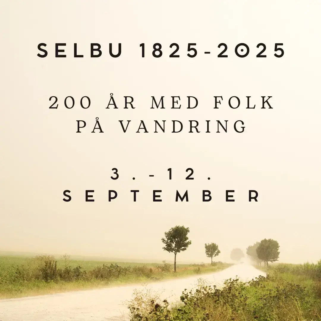 Tegning av en landevei med noen trær. Tekst skrevet over tegningen: Selbu 1825-2025, 200 år med folk på vandring, 3.-12. september.