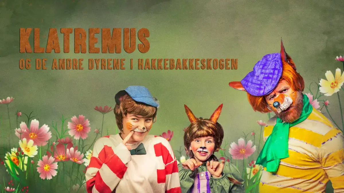 Bilde av mennesker utkledd som Klatremus, en liten harepus og Mikkel Rev.