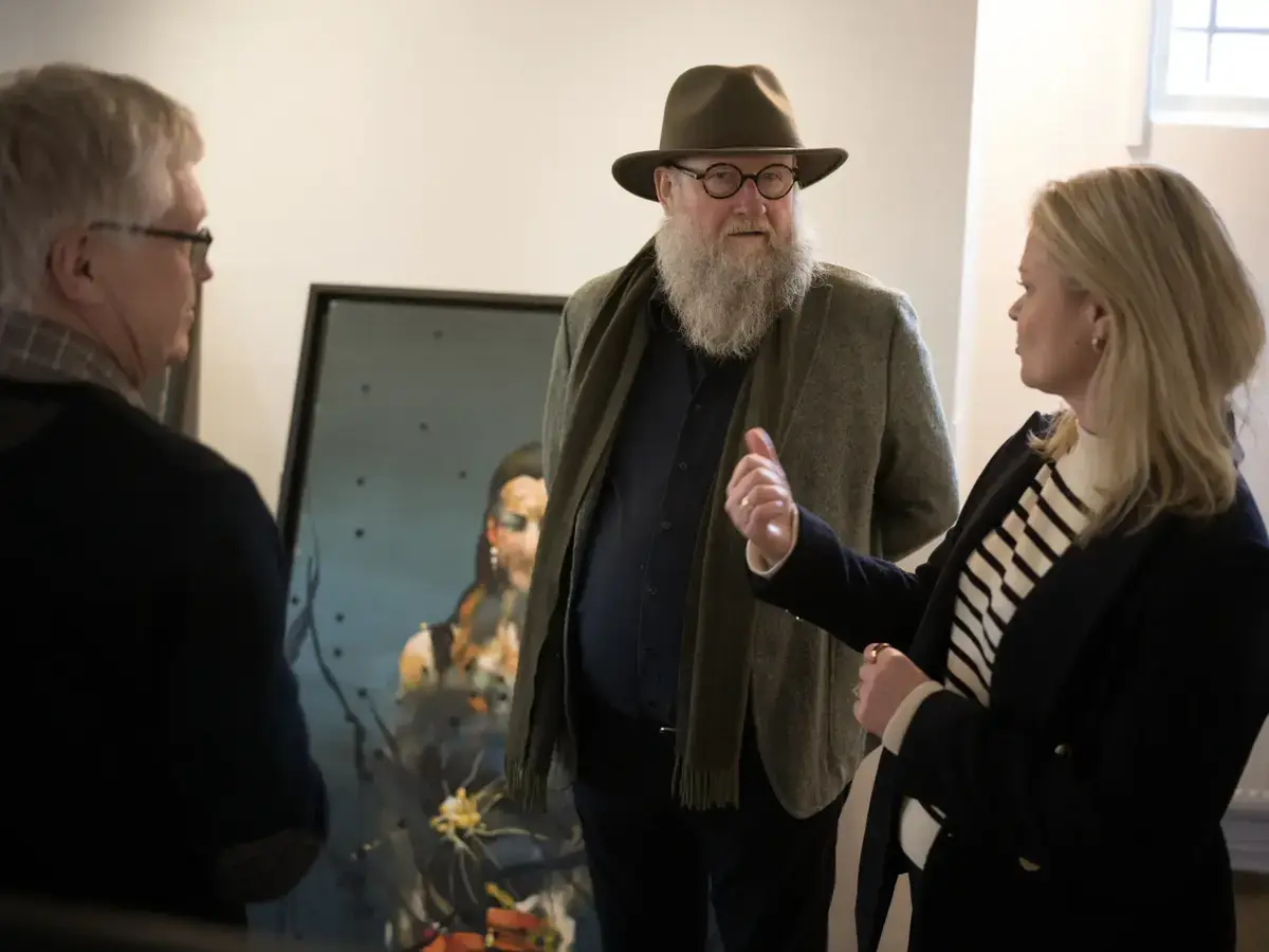 Artist Håkon Gullvåg in conversation with curators Marie Fongaard Seim and Geir Thomas Risåsen from Norsk Folkemuseum.