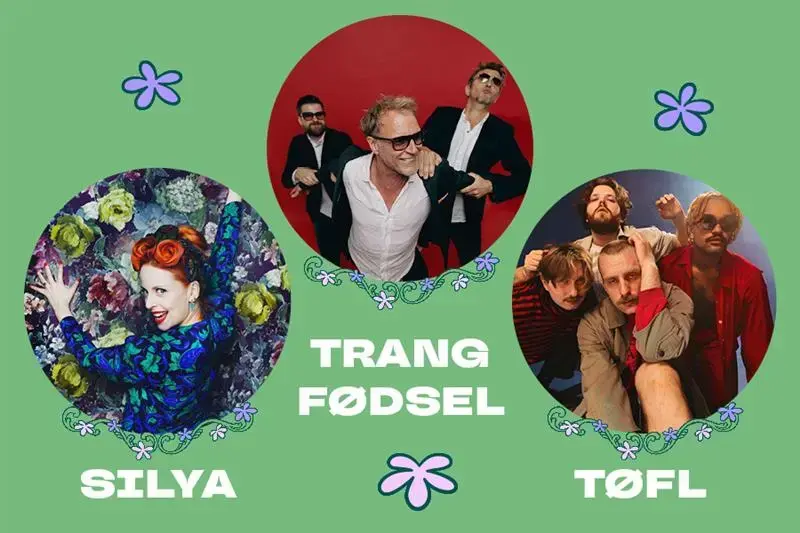 Tre promoteringsbilder av artister som opptrer under Sankthansfestivalen på Norsk Folkemuseum, med grønn bakgrunn og blomsterdekor.